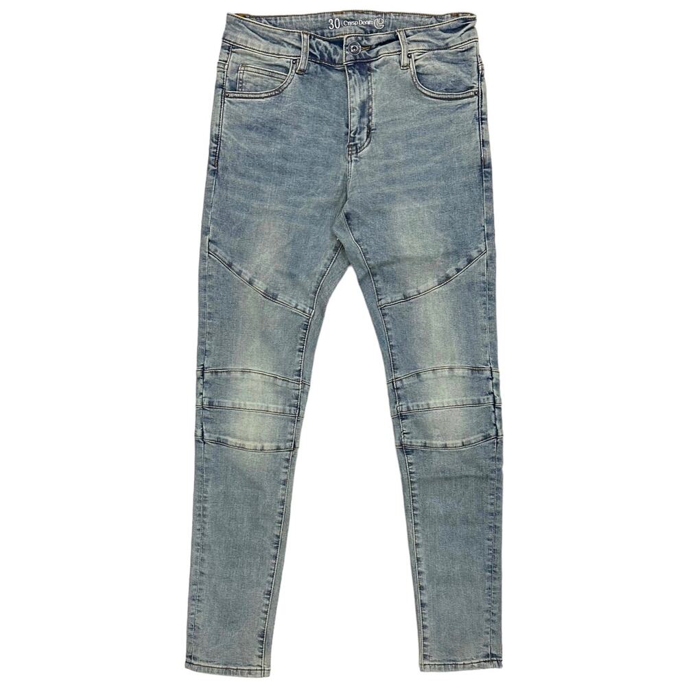 Crysp Denim Men's Biker Moto Indigo Stonewashed Skinny Fit Stretch Denim Jeans